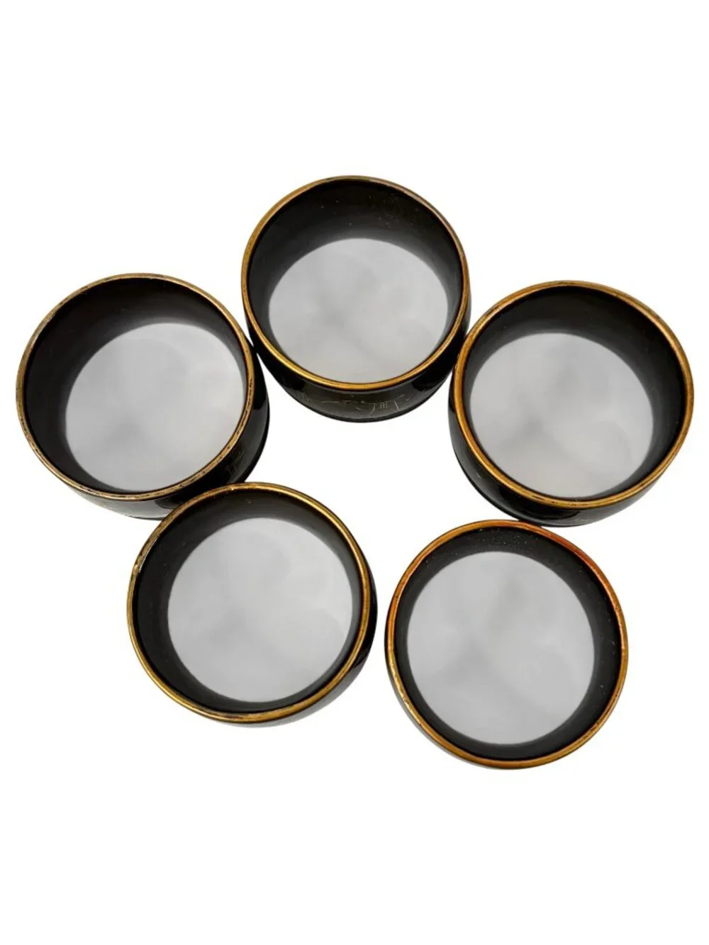 Vintage‎ Set 5 Japanese Lacquer Napkin Rings Black & Gold Hand Painted Landscape